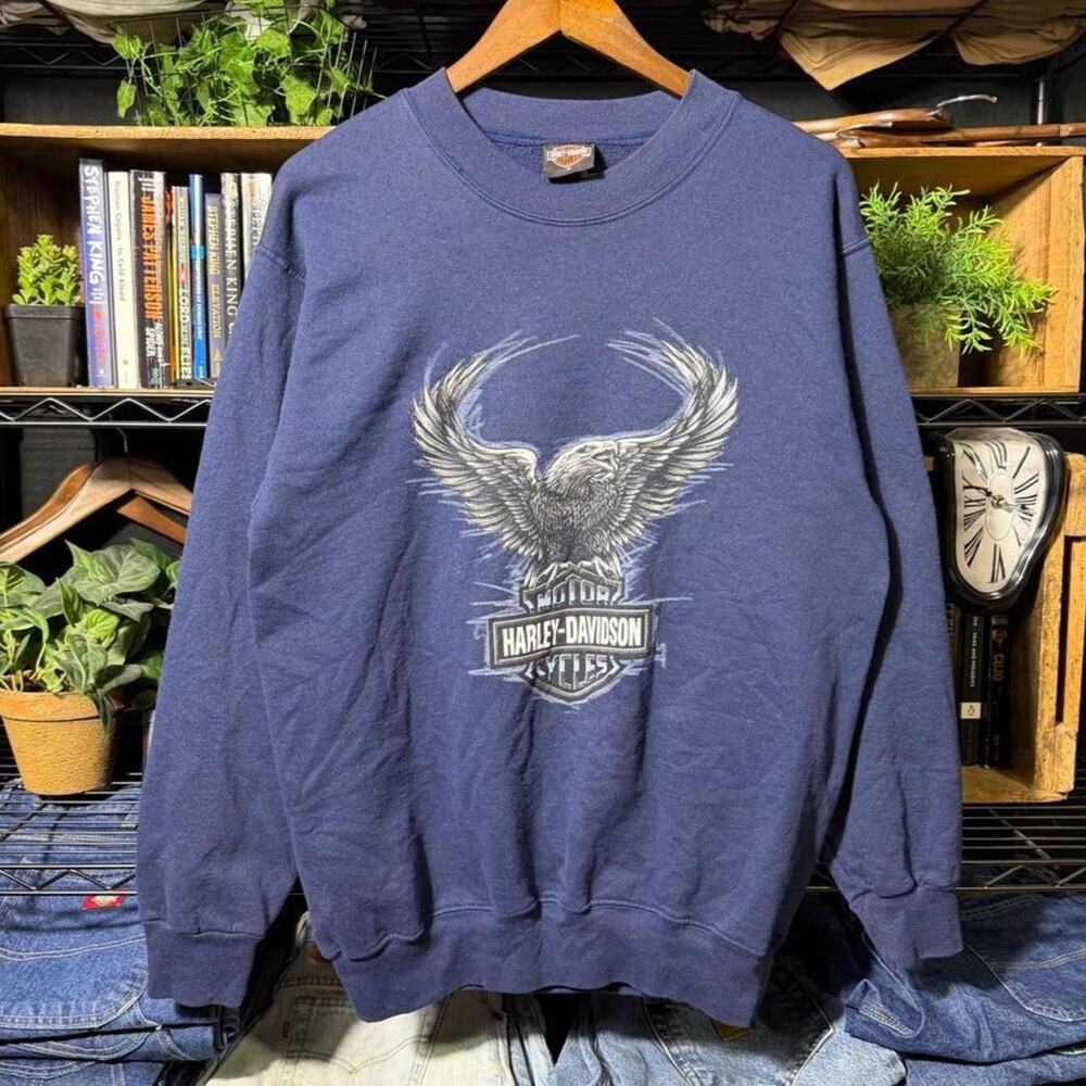 Vintage Y2K Harley Davidson Eagle Wings Crewneck Navy Blue Gray Biker Sweatshirt